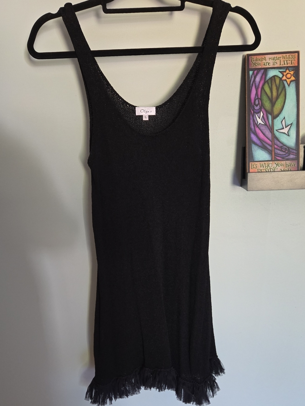 Olga Black Sleeveless Knit Tank with Cute Fringed Hem Sz Lg